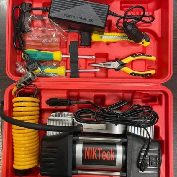 کمپرسور پمپ باد فندکی دو سیلندر نیک تک چراغ قوه دار+برق شهری